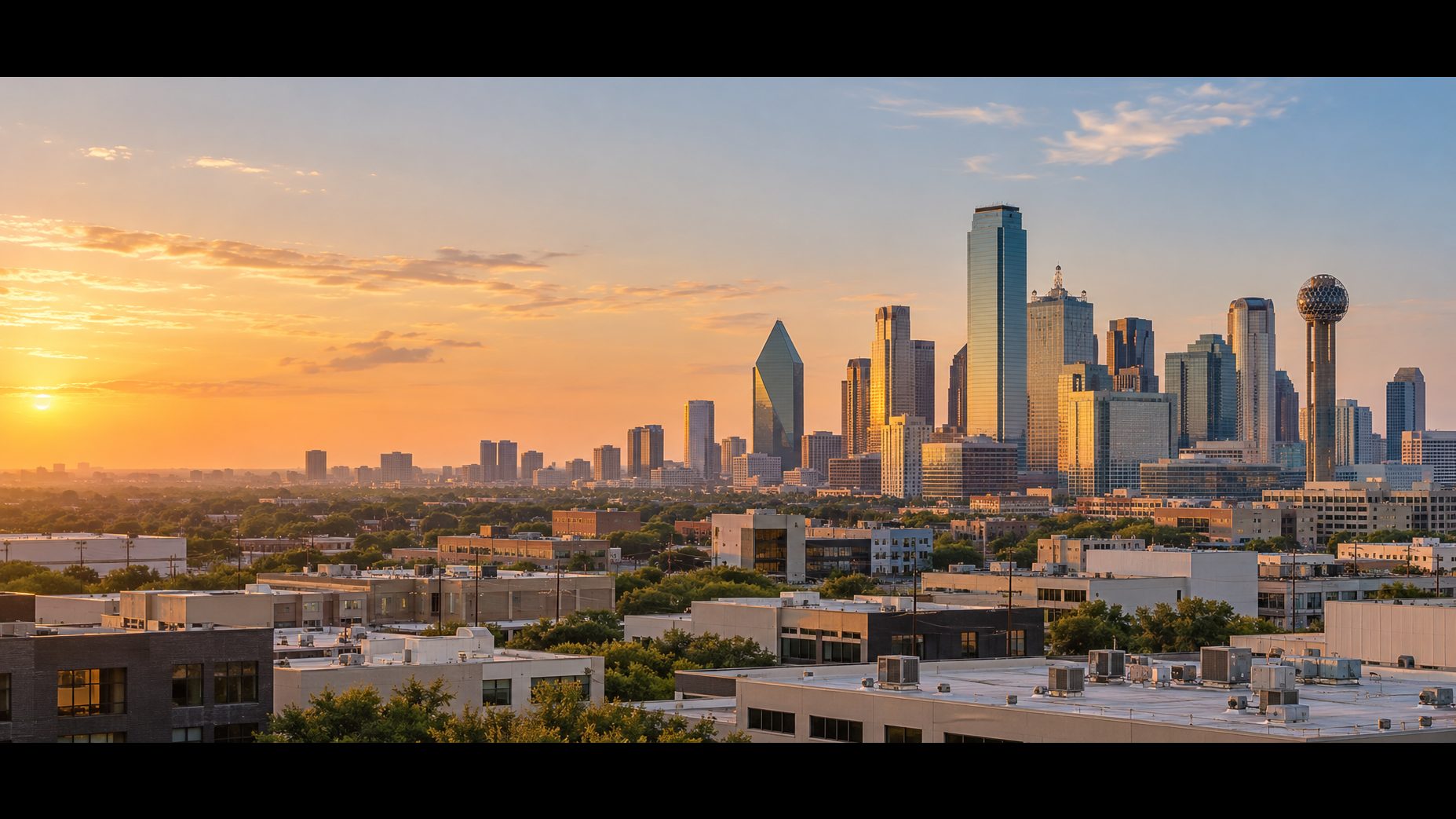 Dallas skyline at golden hour above a district of flat commercial roofs