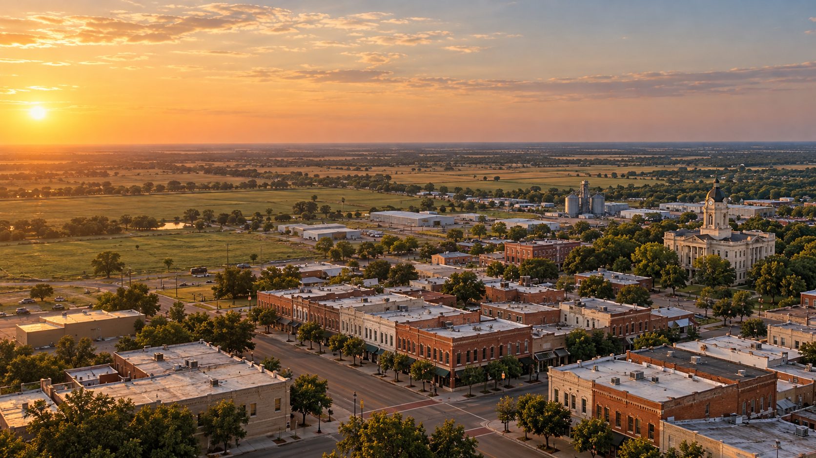 Aerial view of a small North Texas downtown with brick commercial buildings and flat roofs