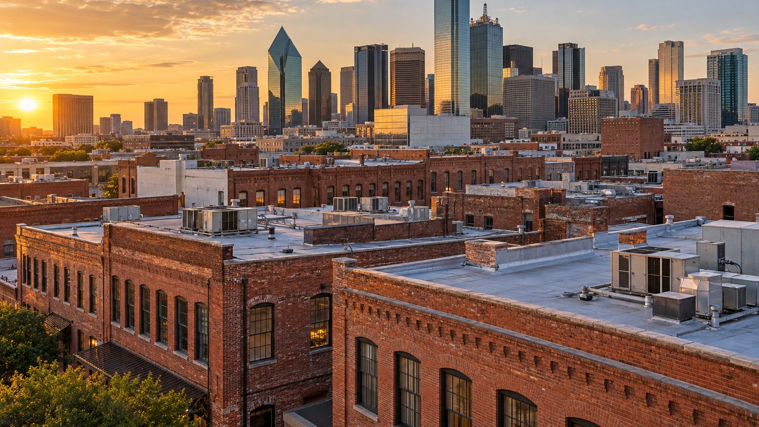 Flat roofs on historic brick warehouse buildings in Dallas at golden hour