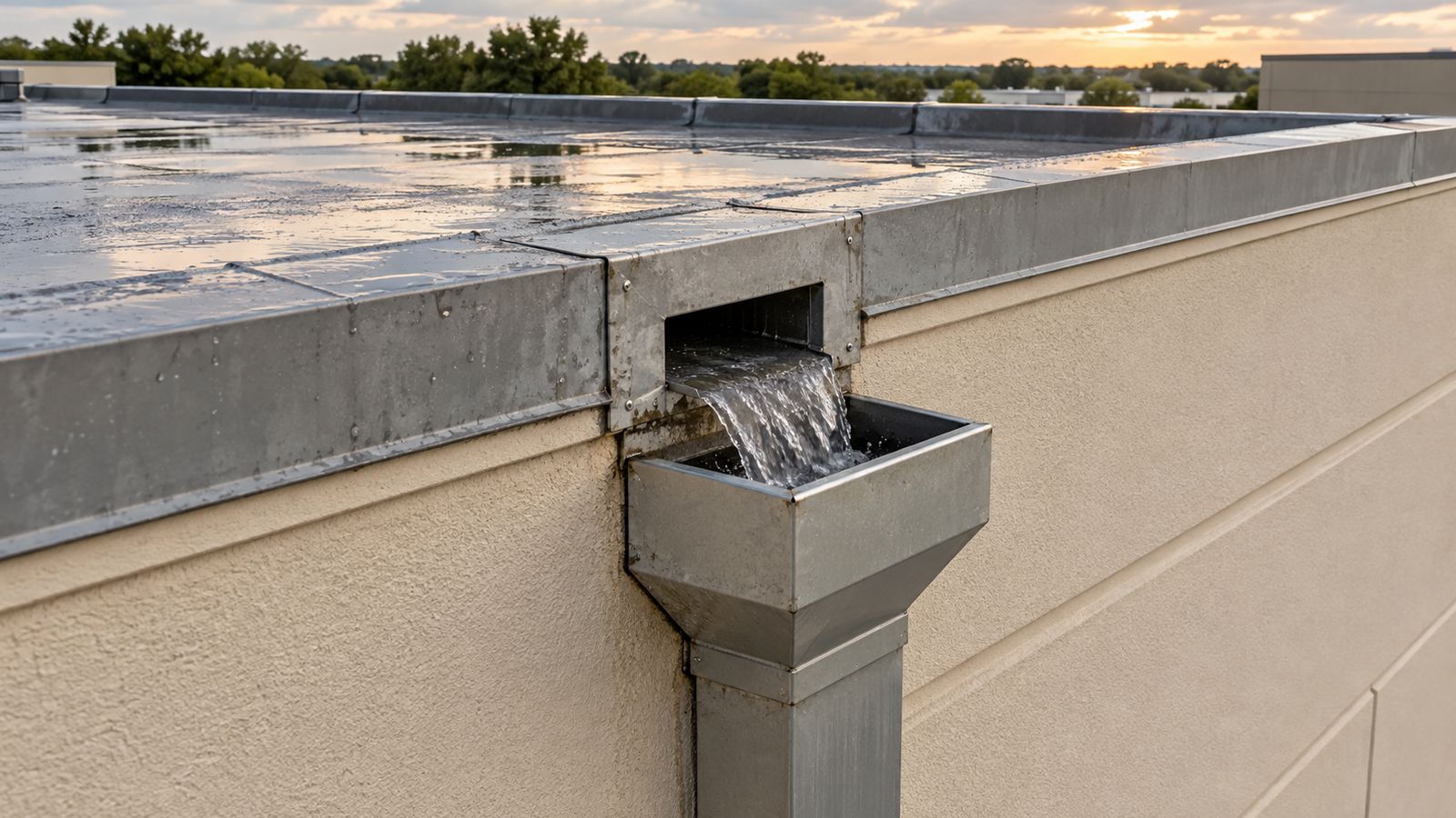Through-wall scupper draining a flat roof into a conductor head after rain