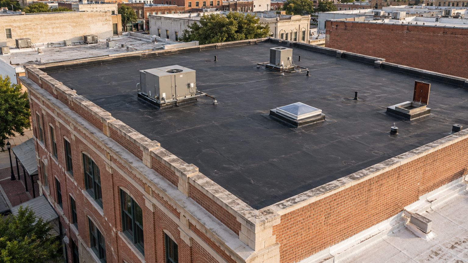 Aerial view of a black EPDM roof on a brick office building in an older Texas downtown