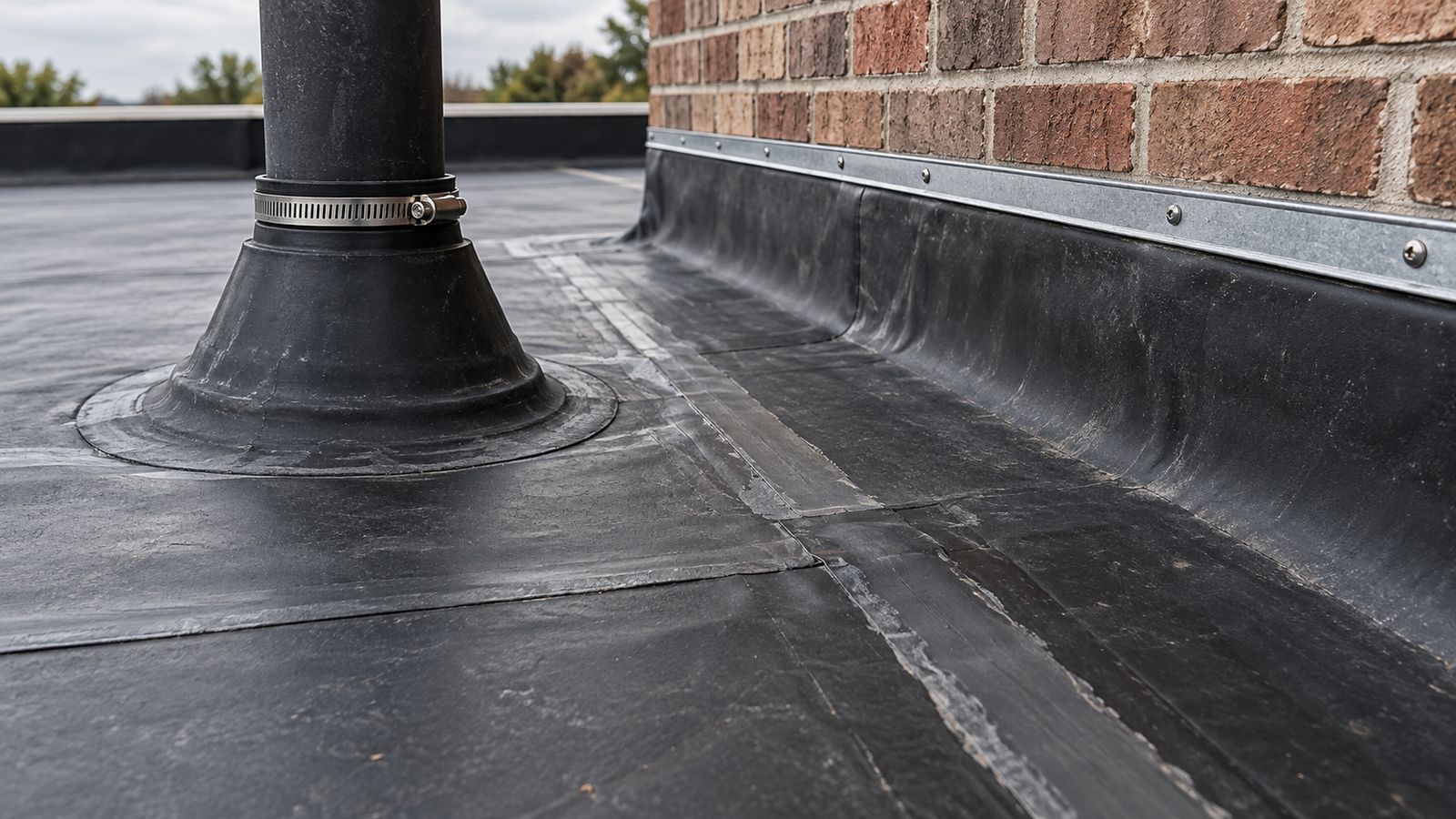 Black EPDM seam tape and a pipe boot at a roof penetration