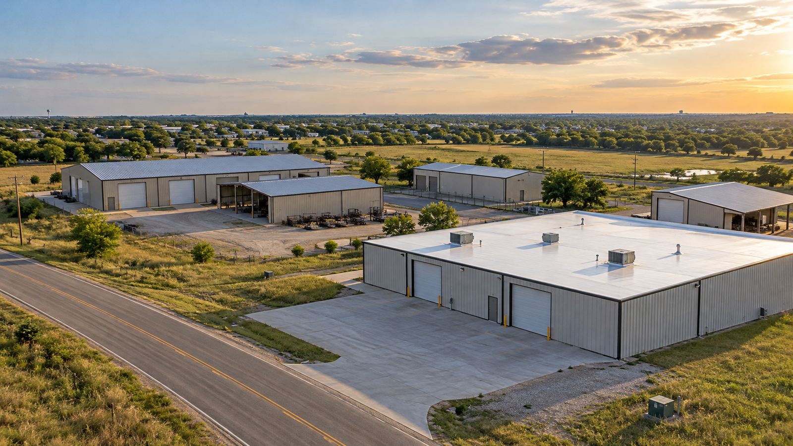 Metal and white-roofed light industrial buildings at the edge of a North Texas town