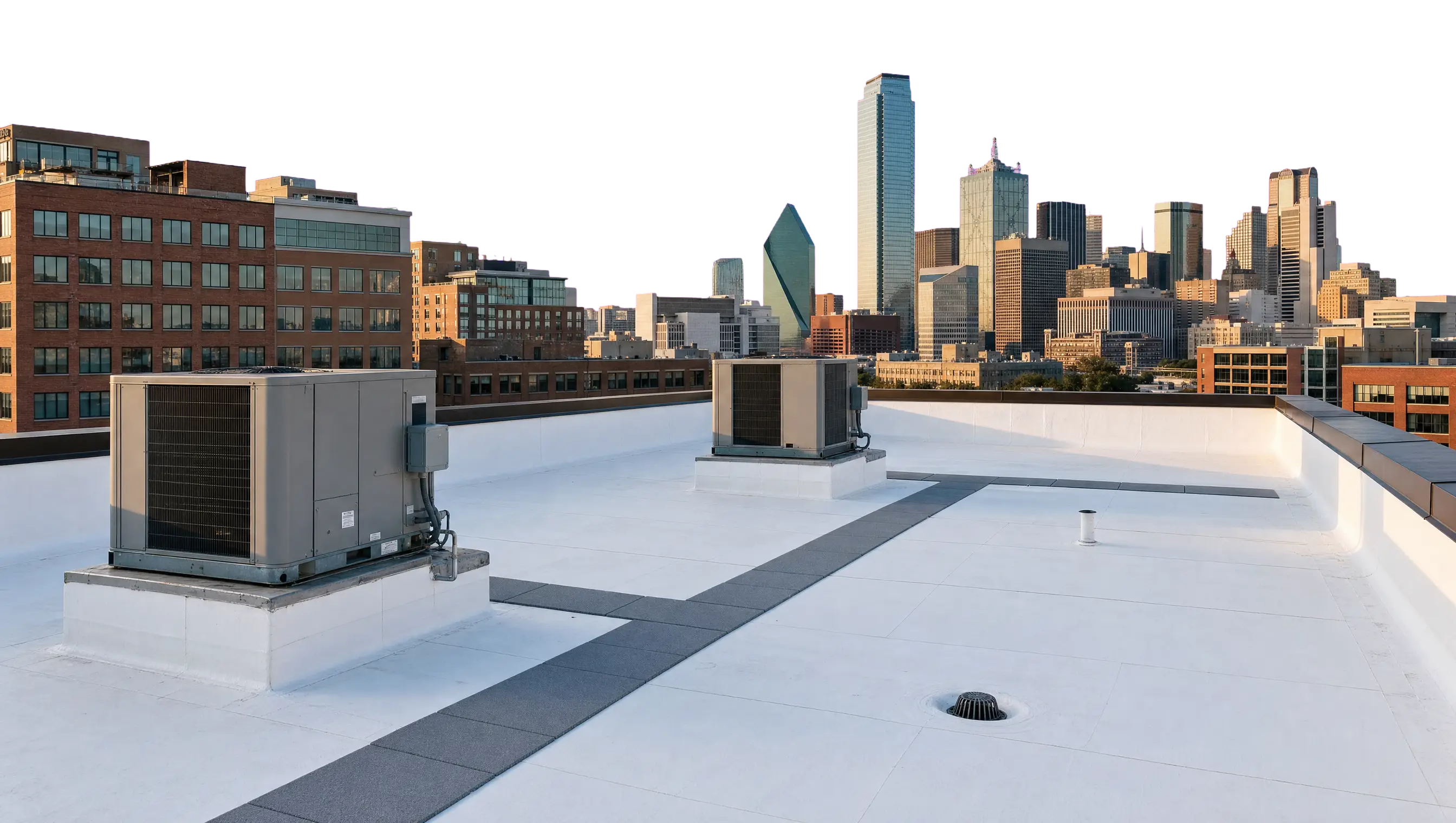 White TPO membrane roof with rooftop units and a parapet, the Dallas skyline beyond