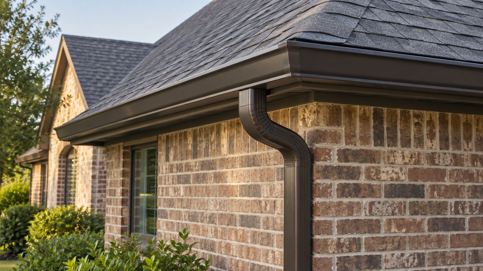 New bronze seamless gutter and downspout on a brick home under a shingle roof