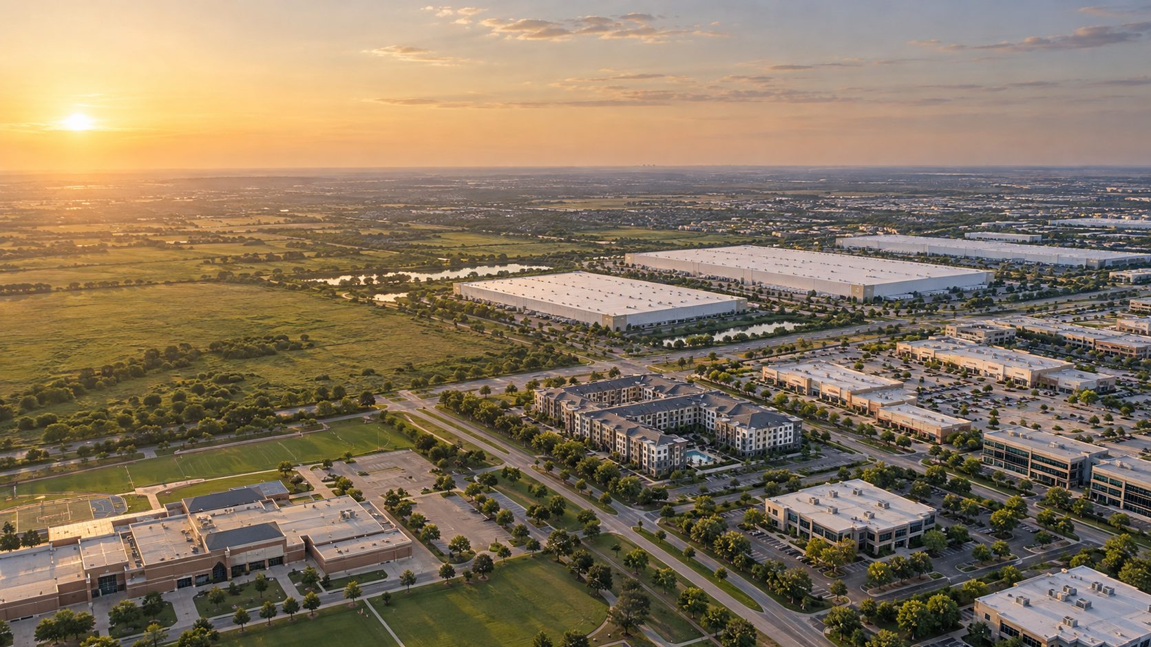 Aerial view of warehouses, retail and multifamily roofs in a North Texas suburb