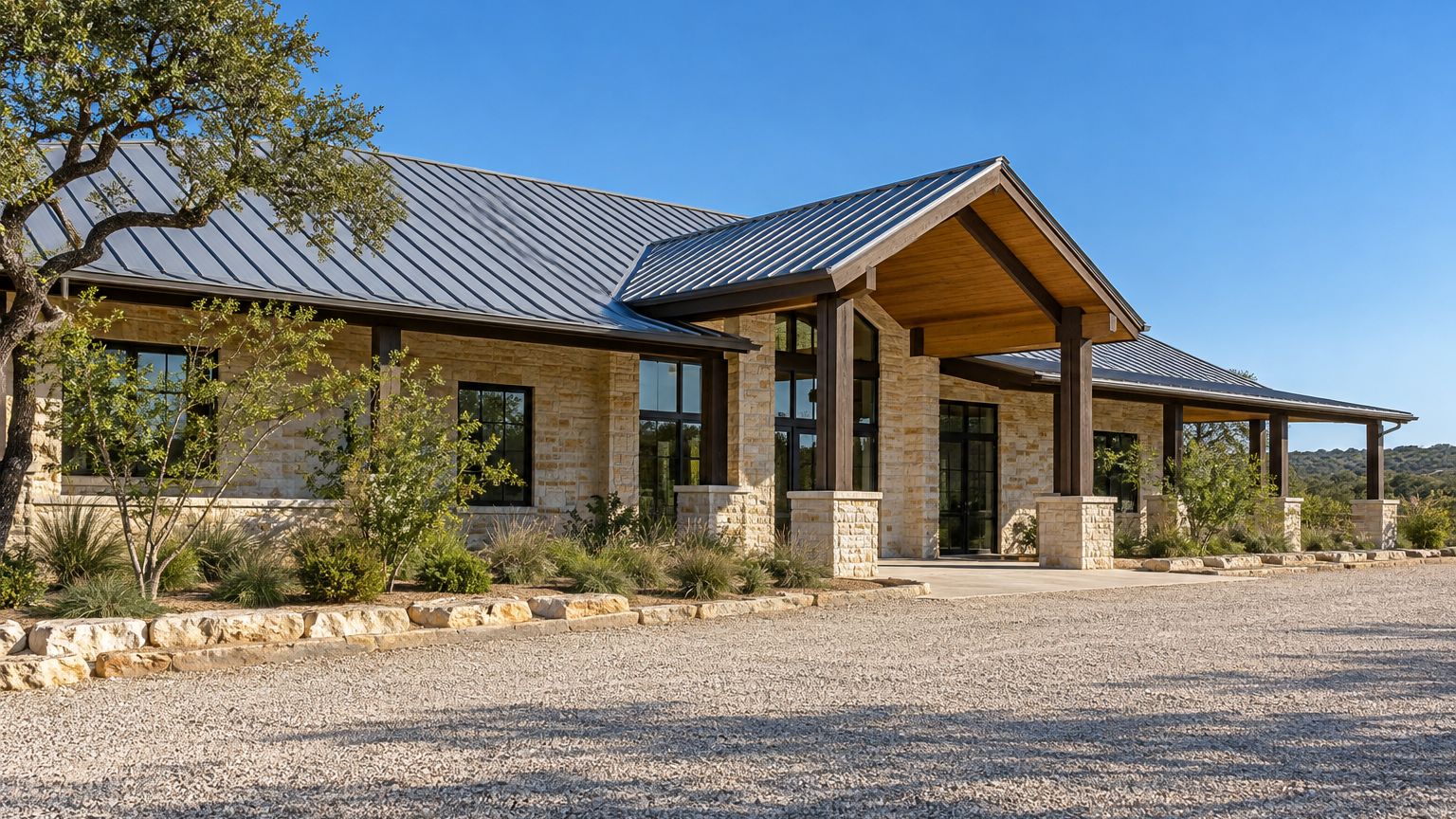 Single-story Texas commercial building with a galvalume standing-seam metal roof