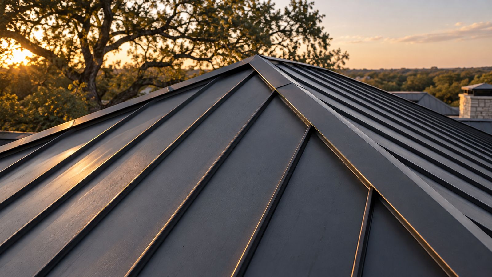 Close view of charcoal standing-seam metal roof panels and ridge