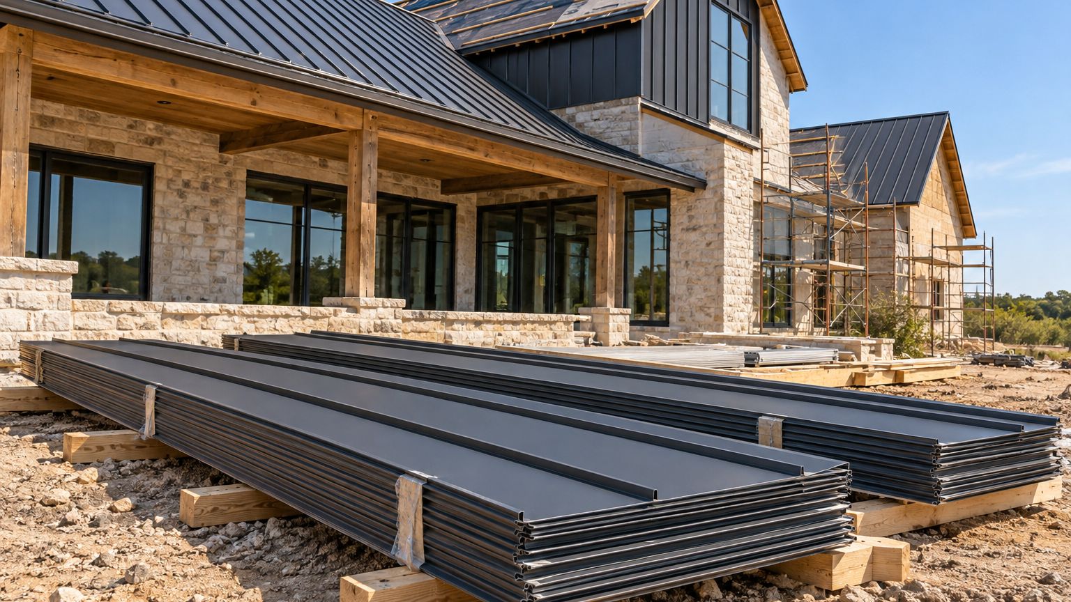 Bundles of charcoal standing-seam metal panels staged beside a building under construction