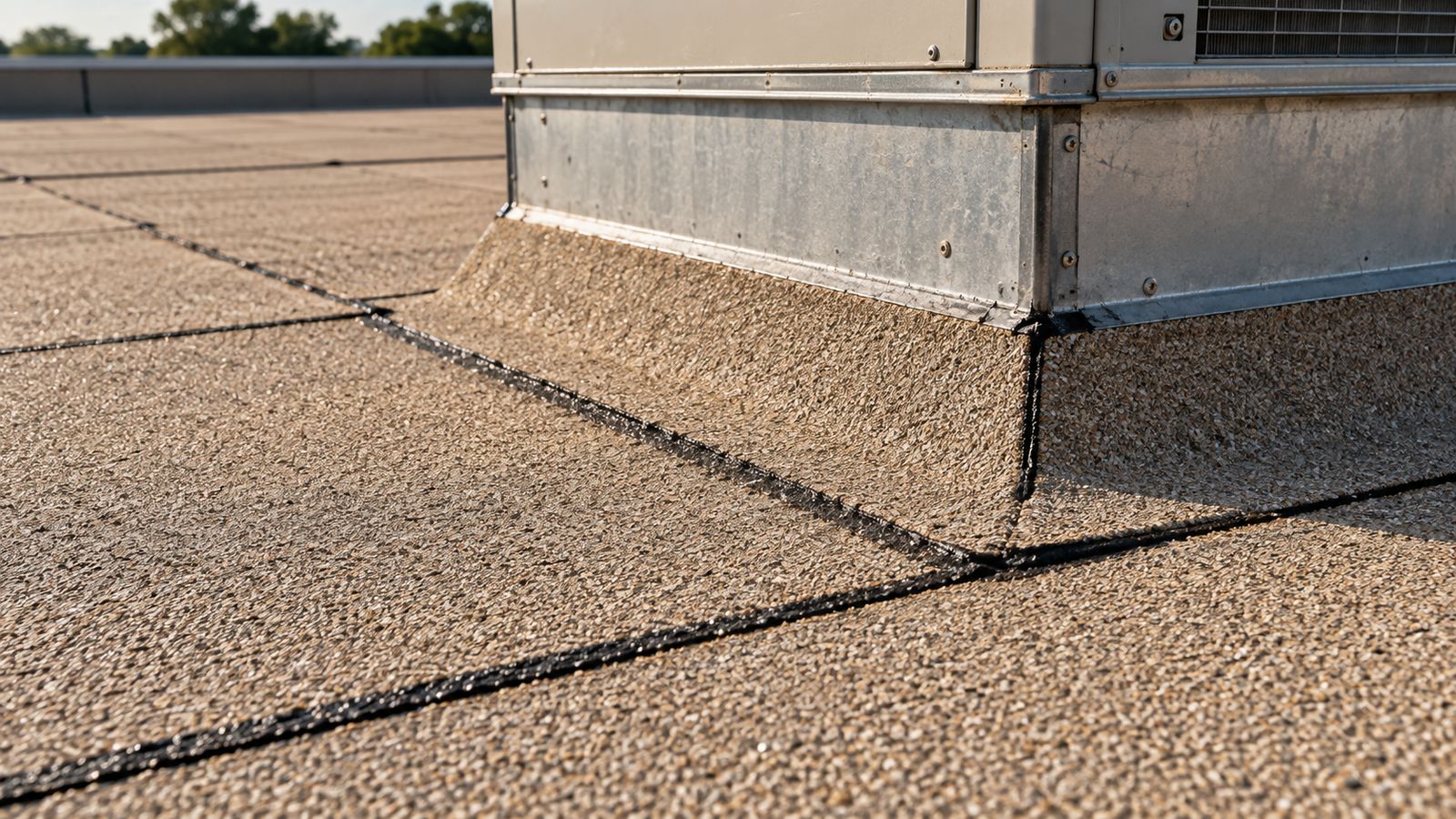 Granulated modified bitumen cap sheet laps and curb flashing