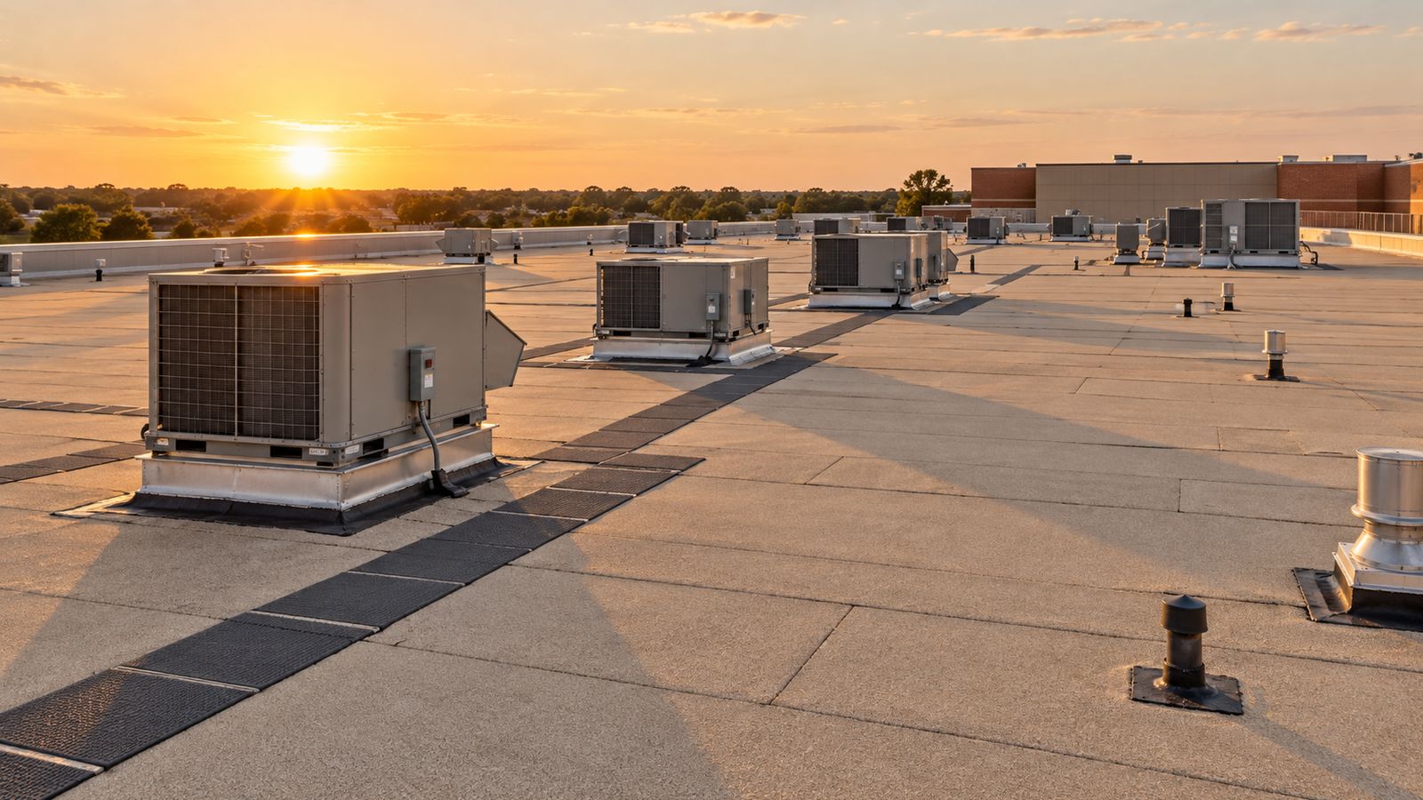 Granulated modified bitumen roof with walkway pads to rooftop units on a school