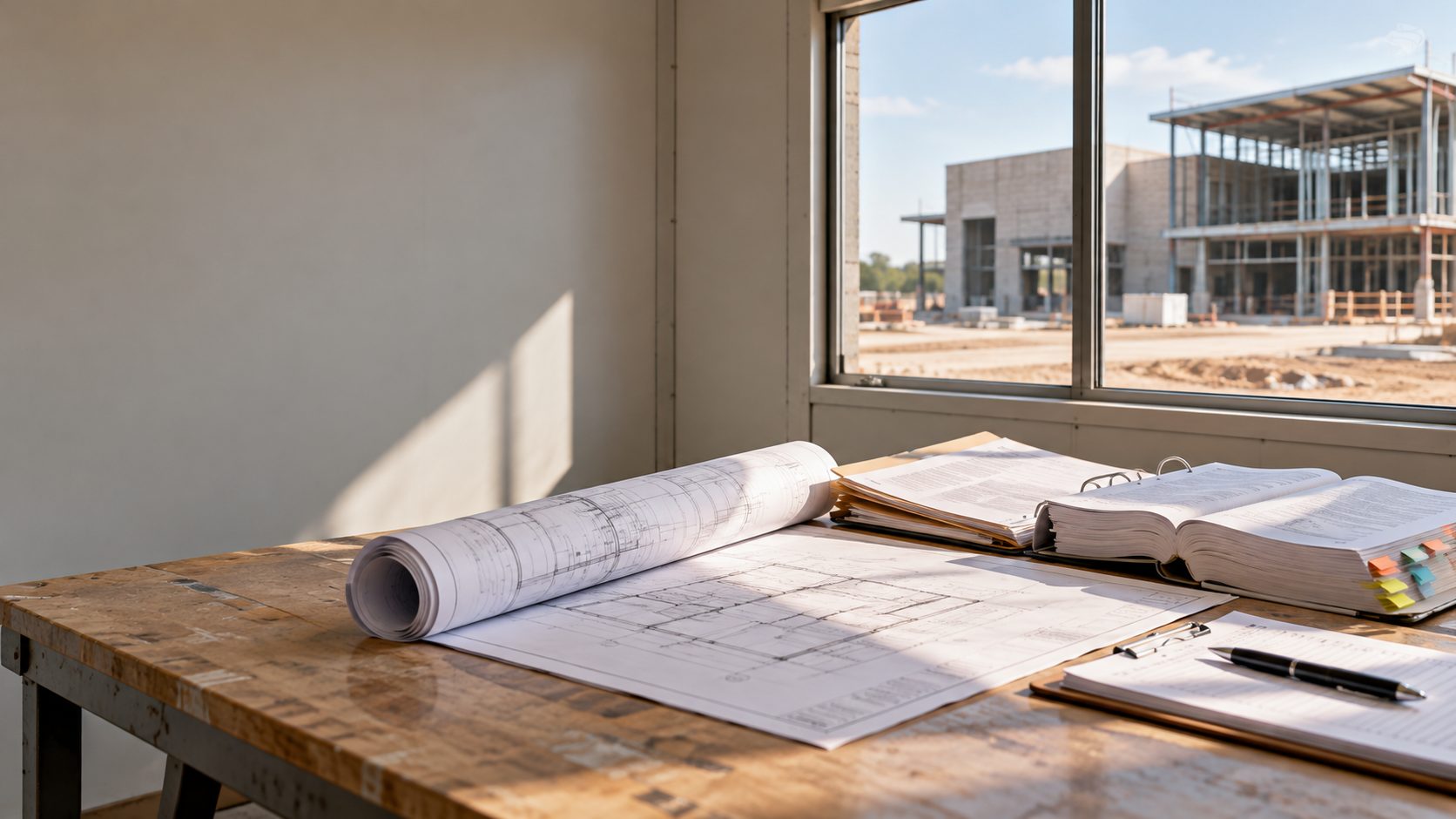 Rolled drawings, a bid package and a tabbed specification book on a jobsite trailer table