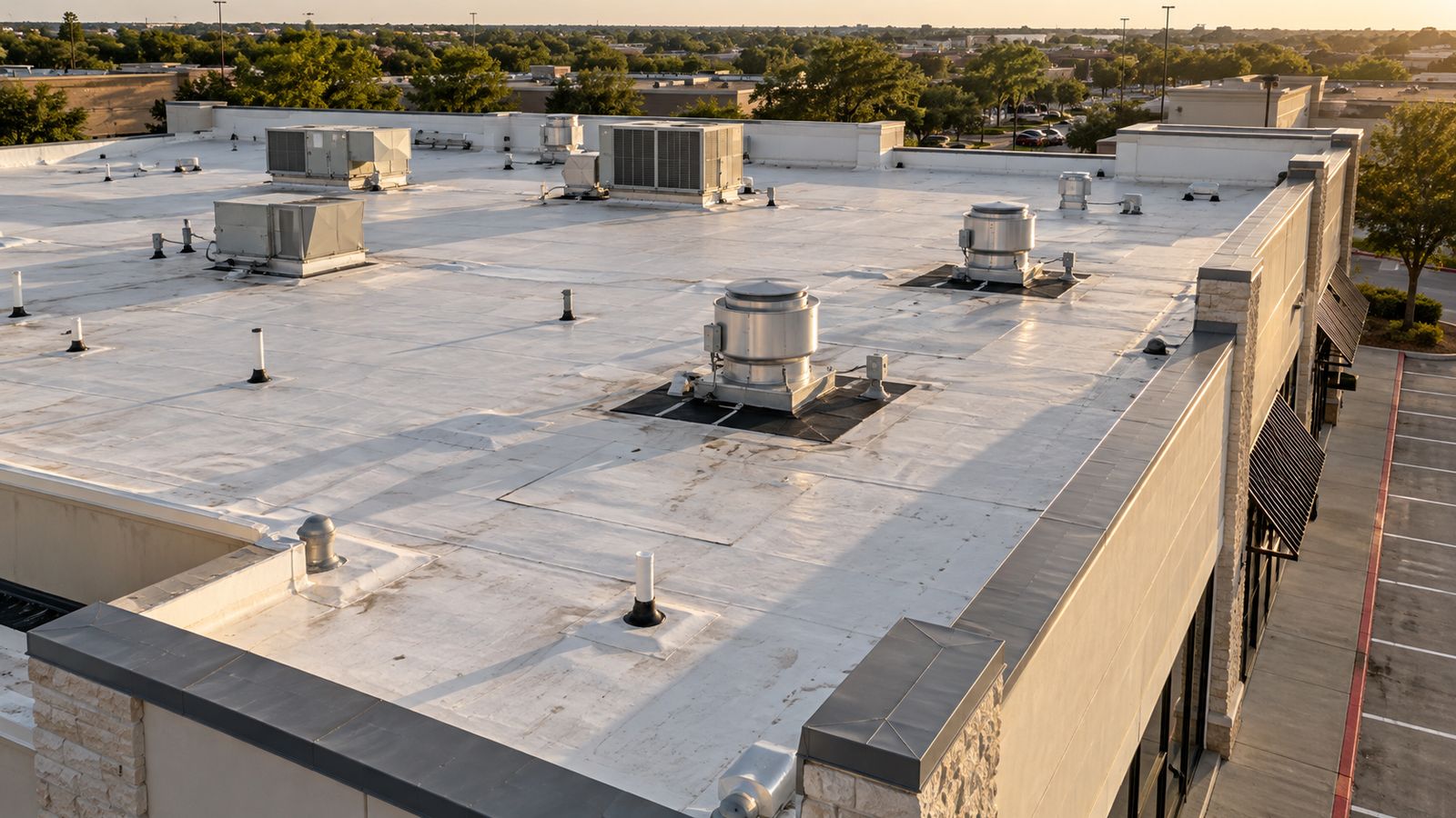 Aerial view of a gray PVC roof with kitchen exhaust fans on a strip shopping center