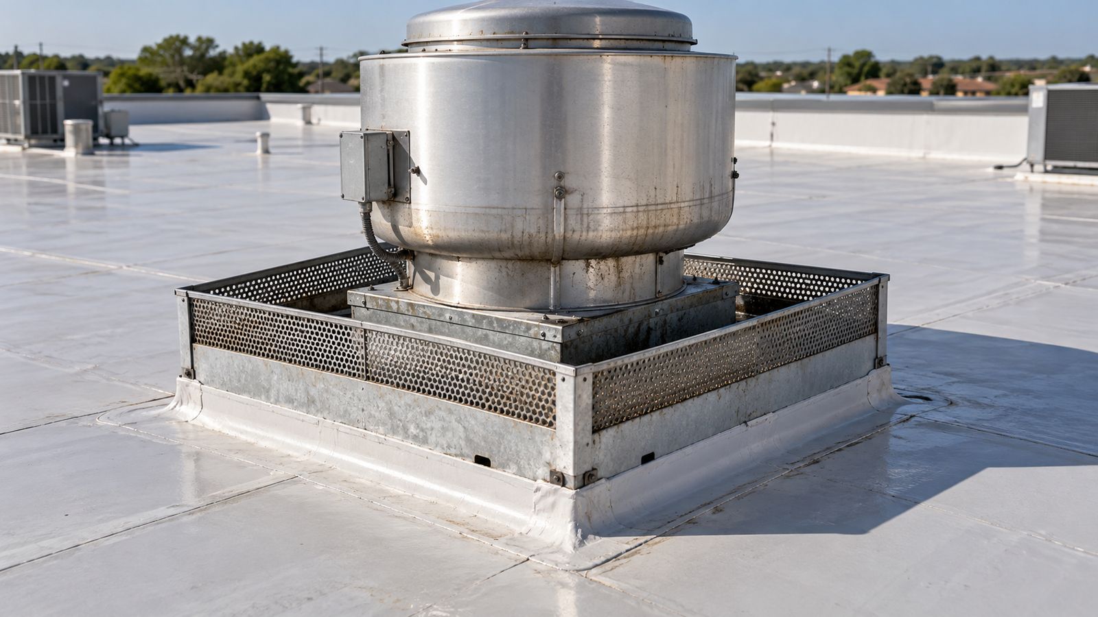 Grease containment around a kitchen exhaust fan on a gray PVC roof