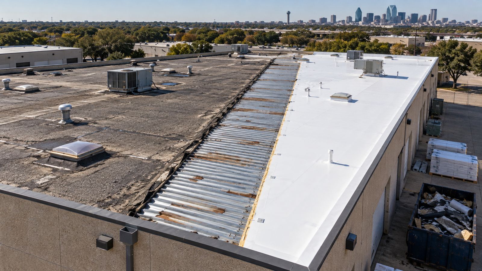 Aerial view of a commercial re-roof: old gravel roof, bare deck and new white membrane