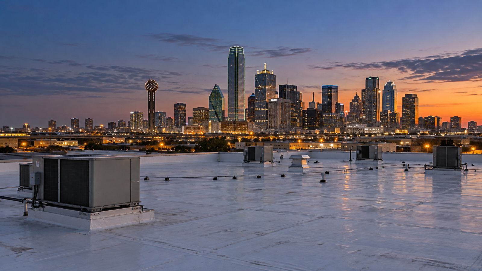 White commercial roof at dusk with the Dallas skyline on the horizon