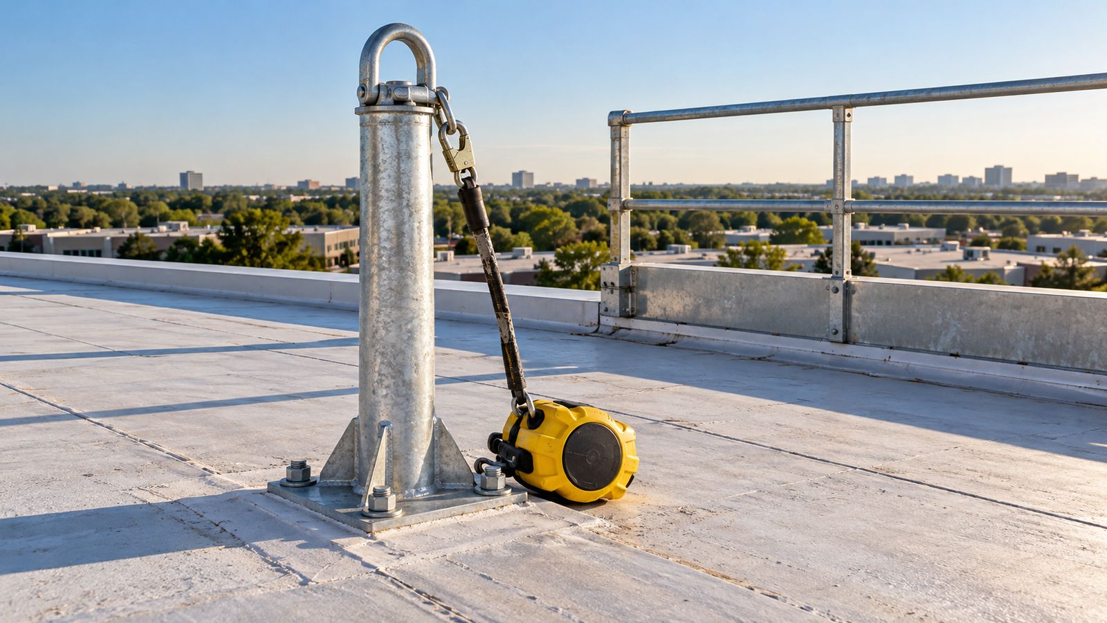Fall protection anchor post with a self-retracting lifeline on a flat roof