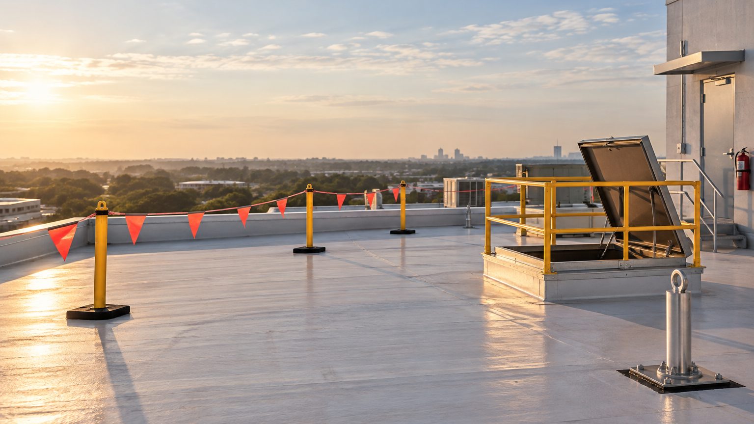 Commercial roof with a flagged warning line, a guarded roof hatch and a fall protection anchor