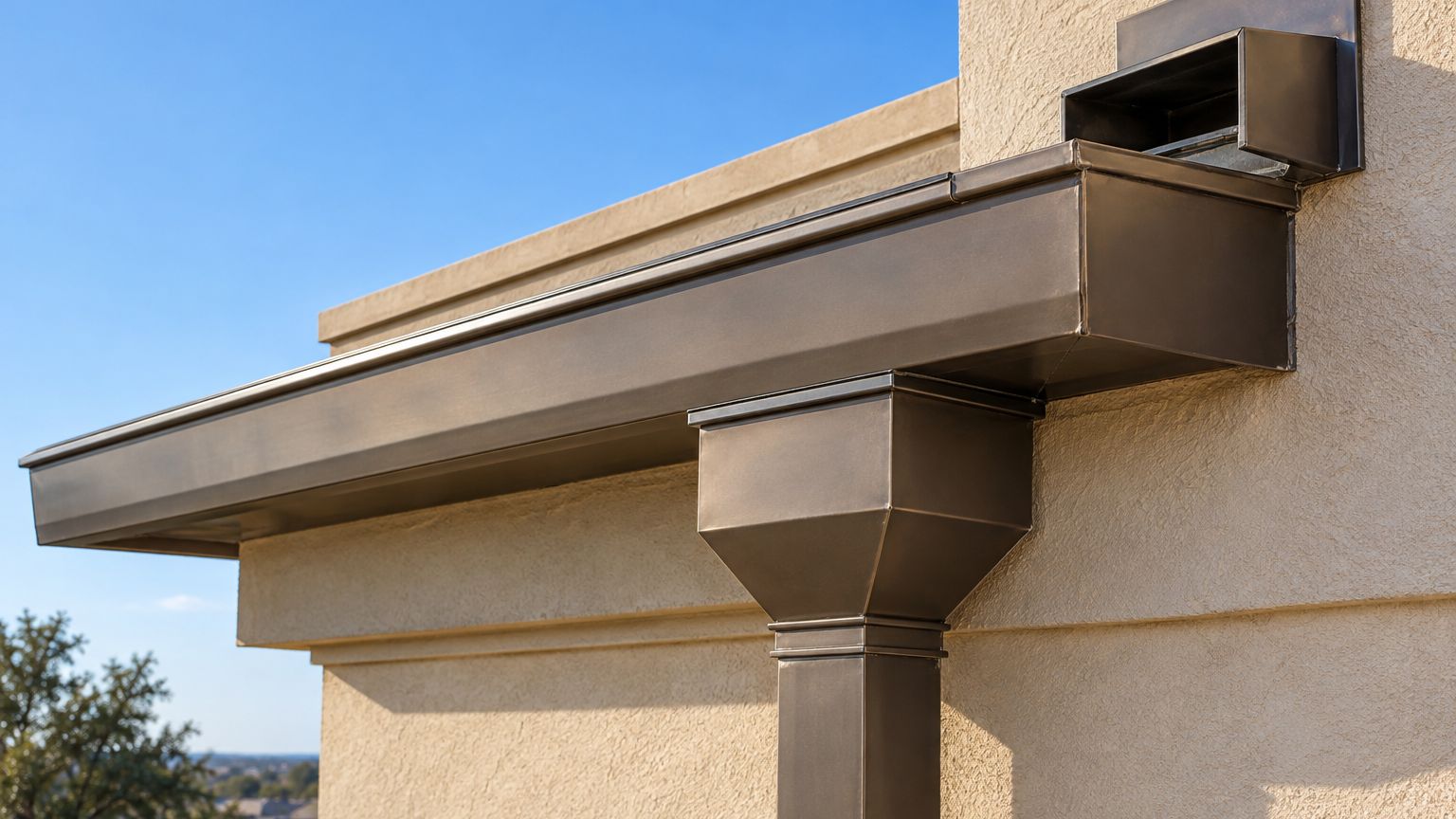 Bronze box gutter, conductor head and downspout on a commercial building