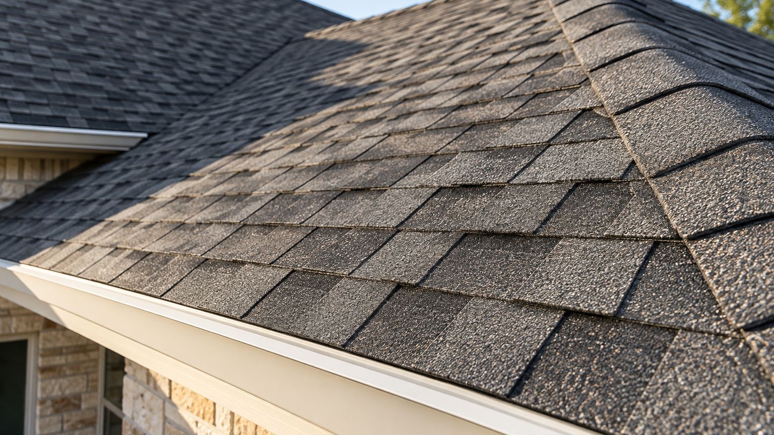 Close view of dark gray architectural shingles at the ridge and eave