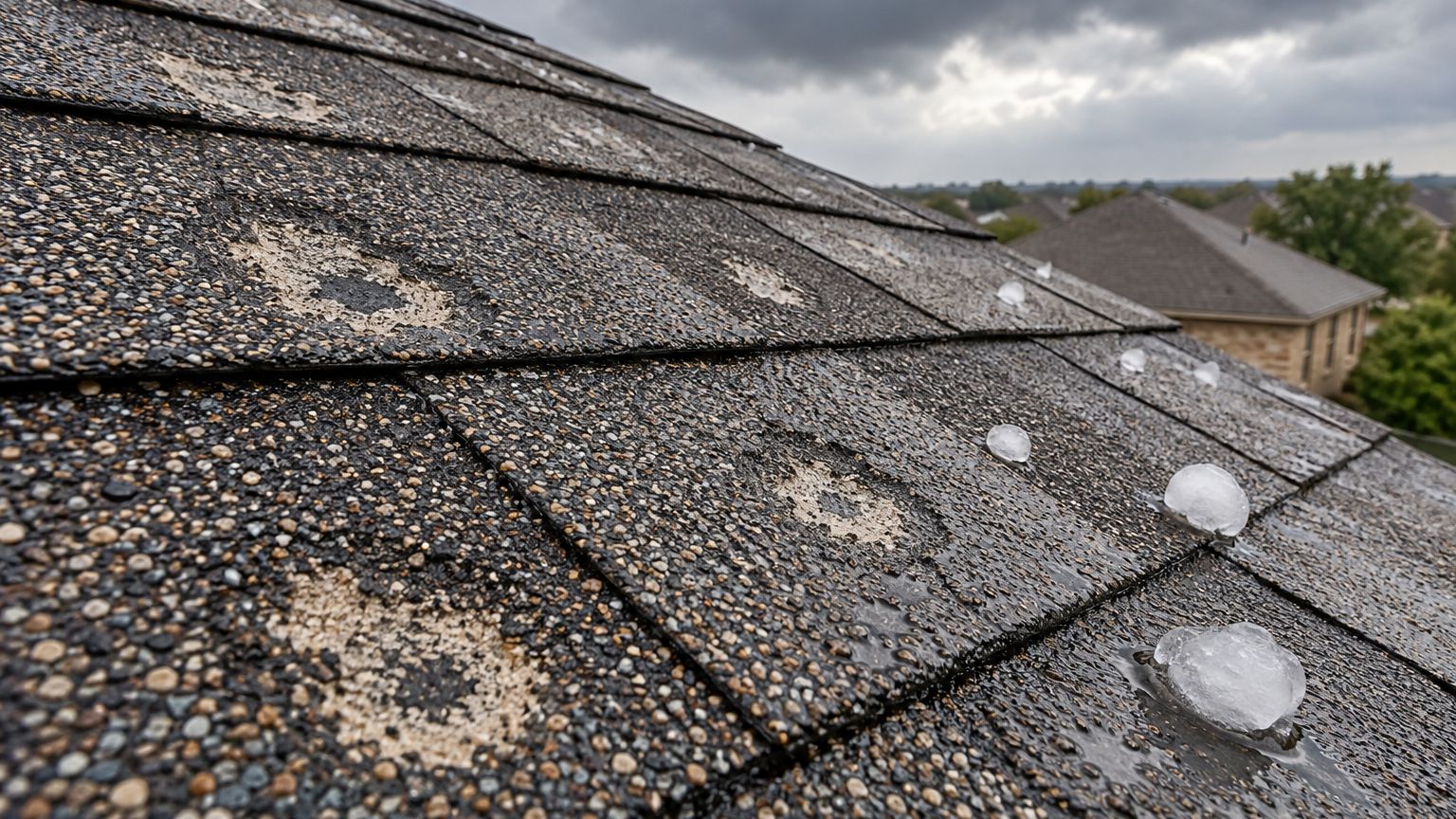 Hail bruises on asphalt shingles after a North Texas storm