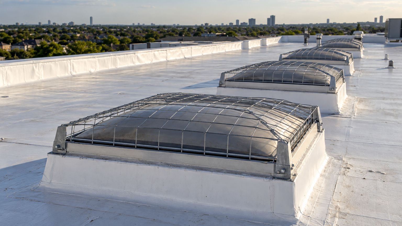 Row of flashed skylight curbs with safety screens on a white single-ply roof