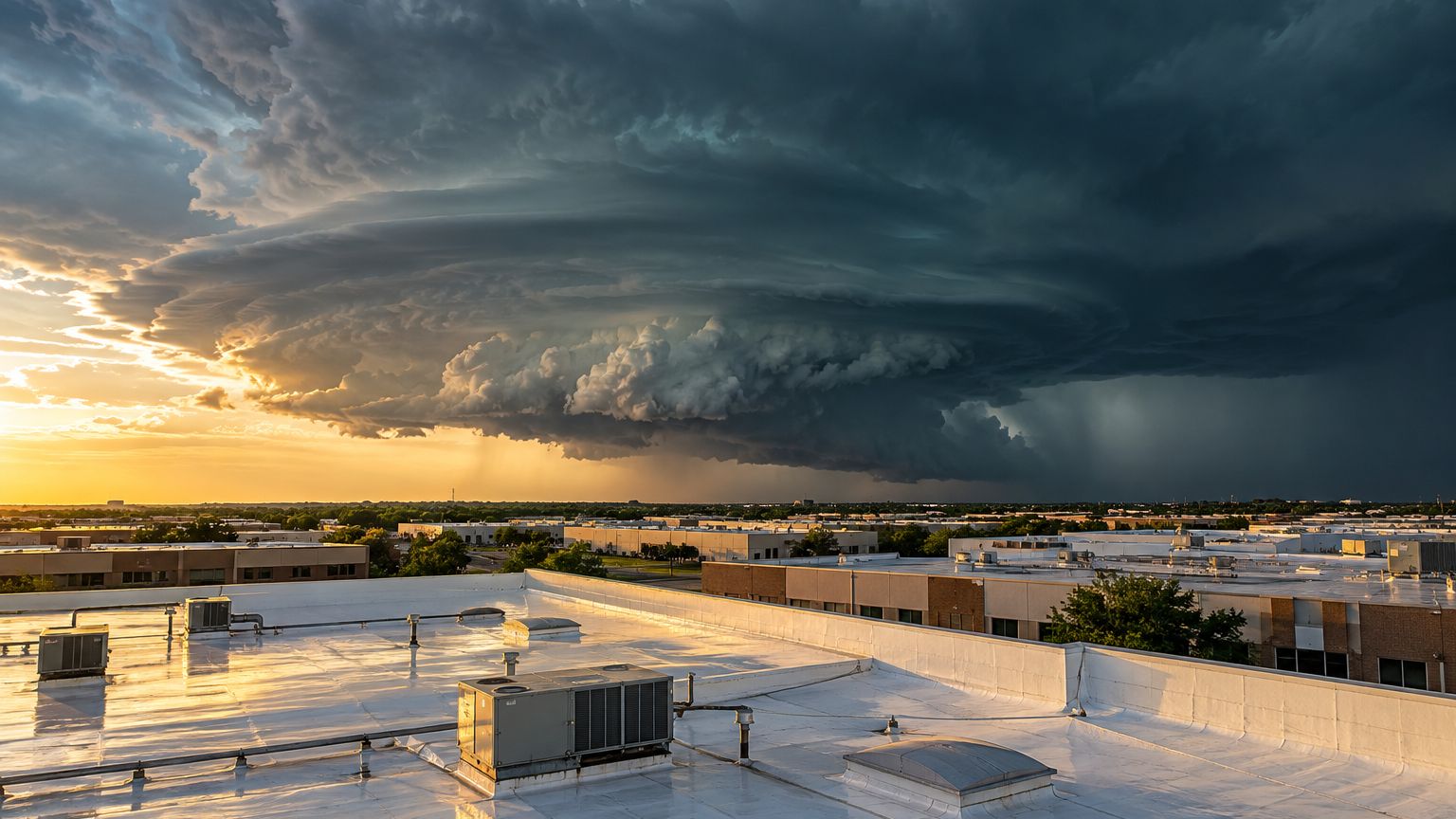 Spring storm cloud building over flat commercial rooftops in North Texas