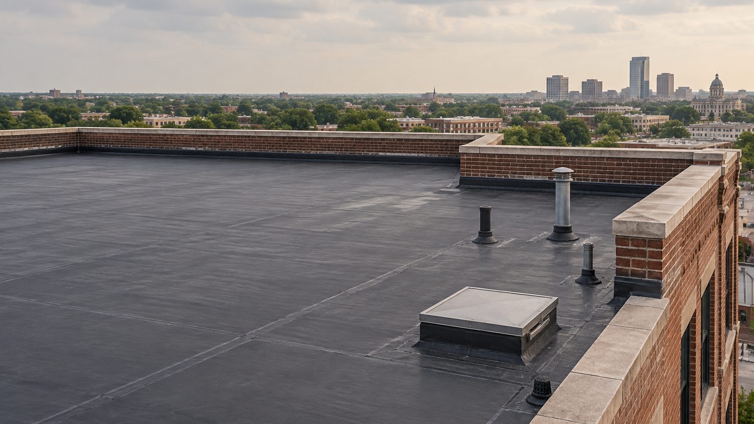 Black EPDM rubber roof on an older brick commercial building