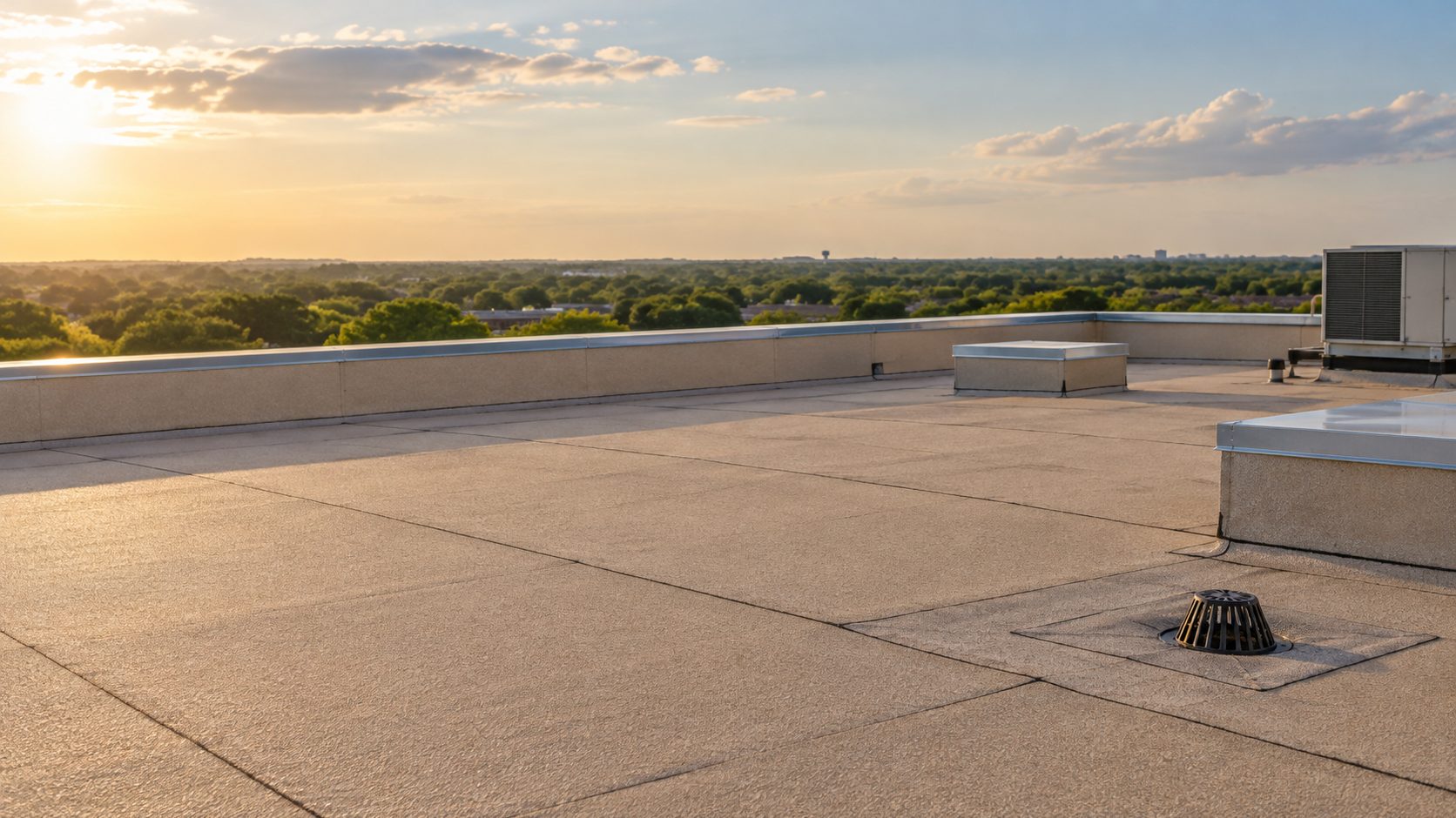 Granulated modified bitumen cap sheet on a low commercial building in North Texas