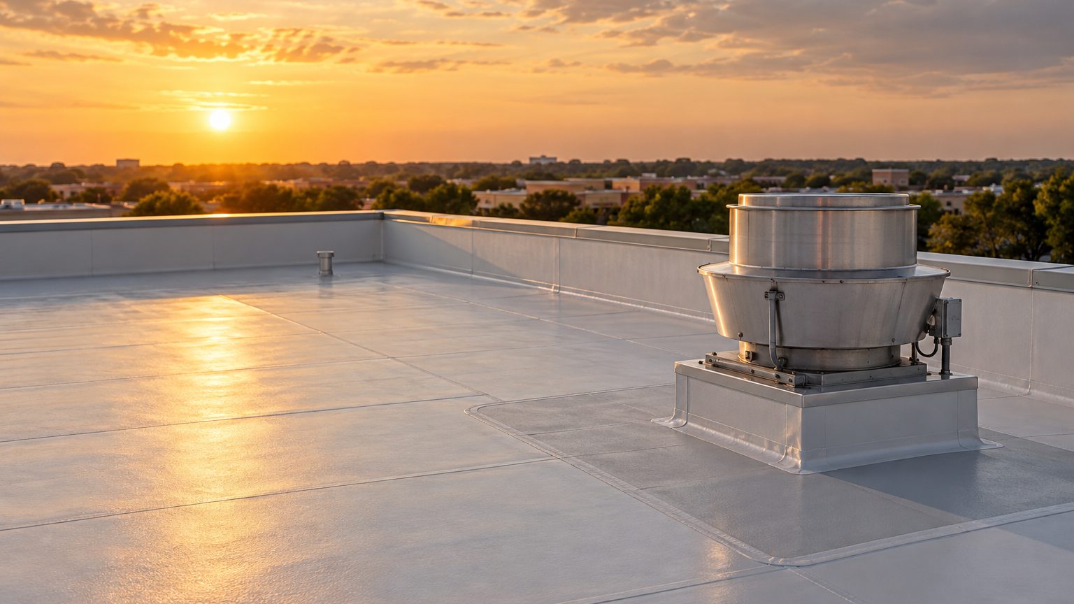 Light gray PVC roof with a kitchen exhaust fan on a North Texas restaurant building