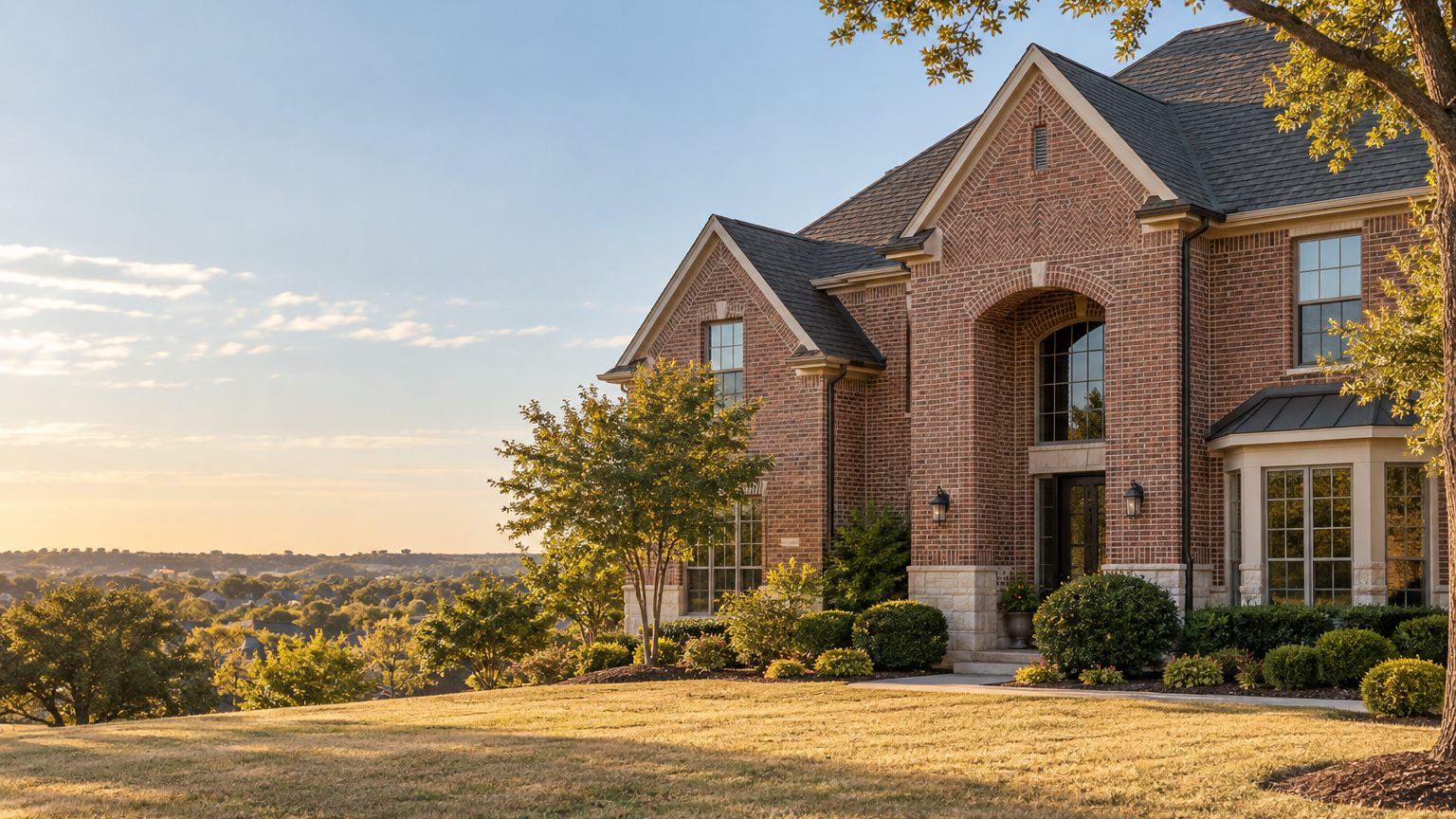 Two-story brick home with a dark gray architectural shingle roof in a North Texas suburb