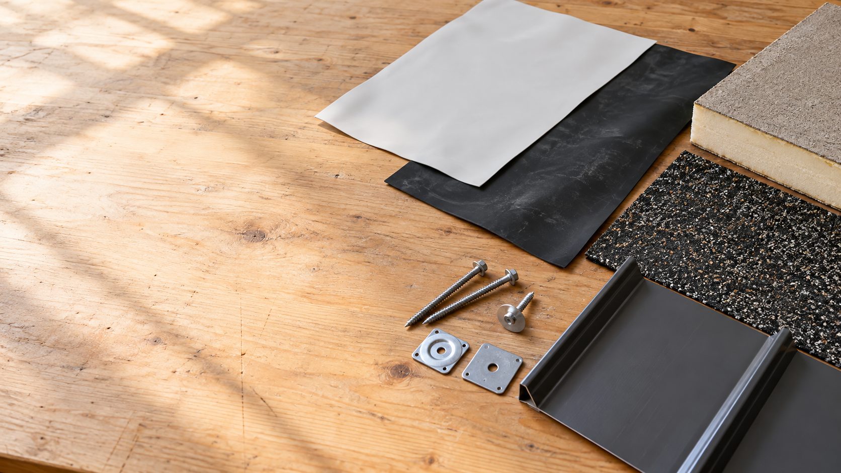 Samples of TPO, EPDM, modified bitumen, a metal panel and polyiso insulation on a workbench