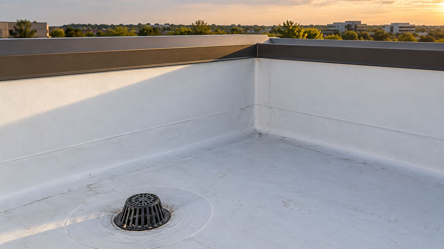 White TPO membrane turned up a parapet and capped with bronze metal coping