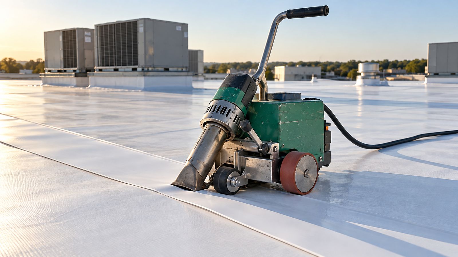Hot-air welding machine on a white TPO seam on a commercial roof